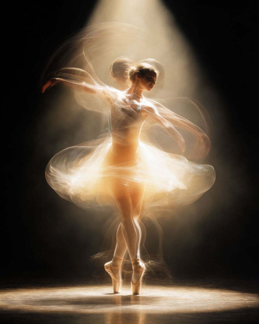 A ballet dancer mid-turn on pointe under a single warm spotlight against a black stage
