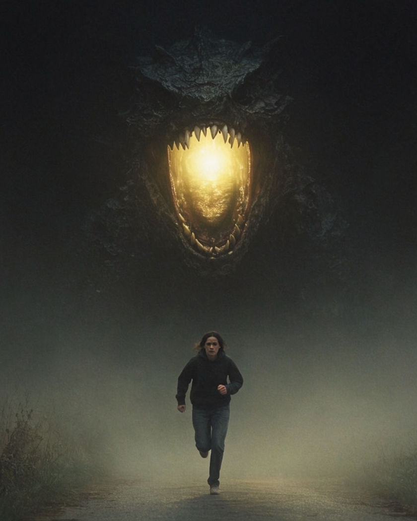 A person sprinting toward camera down a foggy path with a massive shadowy creature closing in behind them