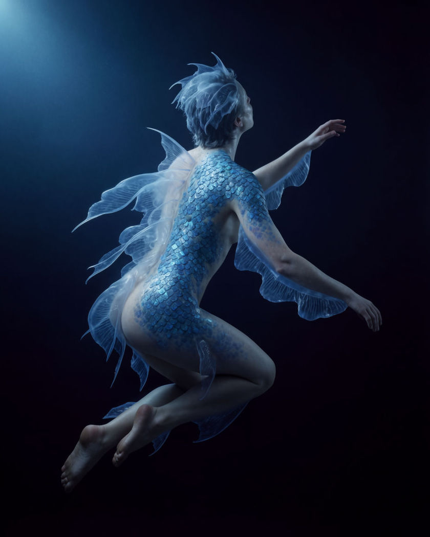 A figure mid-transformation into a sea creature, shimmering scales and fins forming in cool blue underwater light