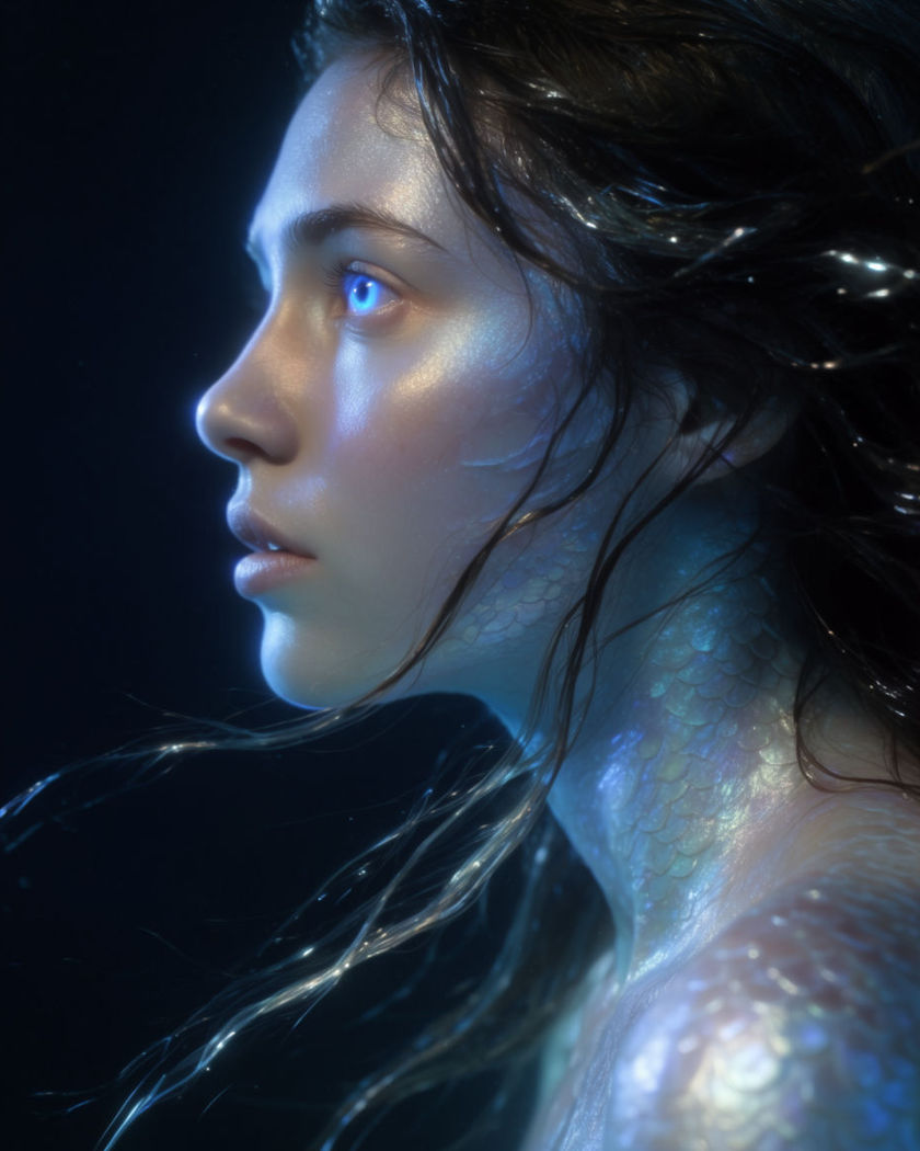 A figure mid-transformation into a mythical siren, iridescent skin and glowing eyes as hair lifts as if underwater