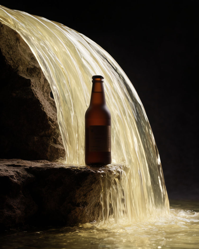 A beverage bottle held steady on a rock ledge as a waterfall of its own drink crashes down around it