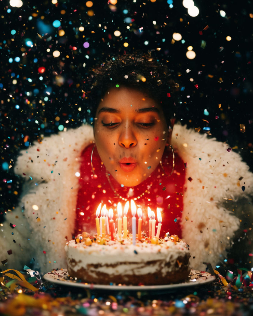 A person blowing out birthday candles as confetti bursts around them