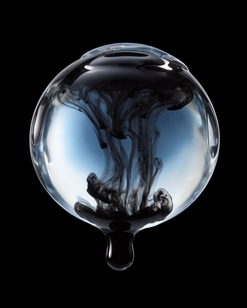 A drop of black ink blooming inside a sphere of clear luminous glass on a black ground