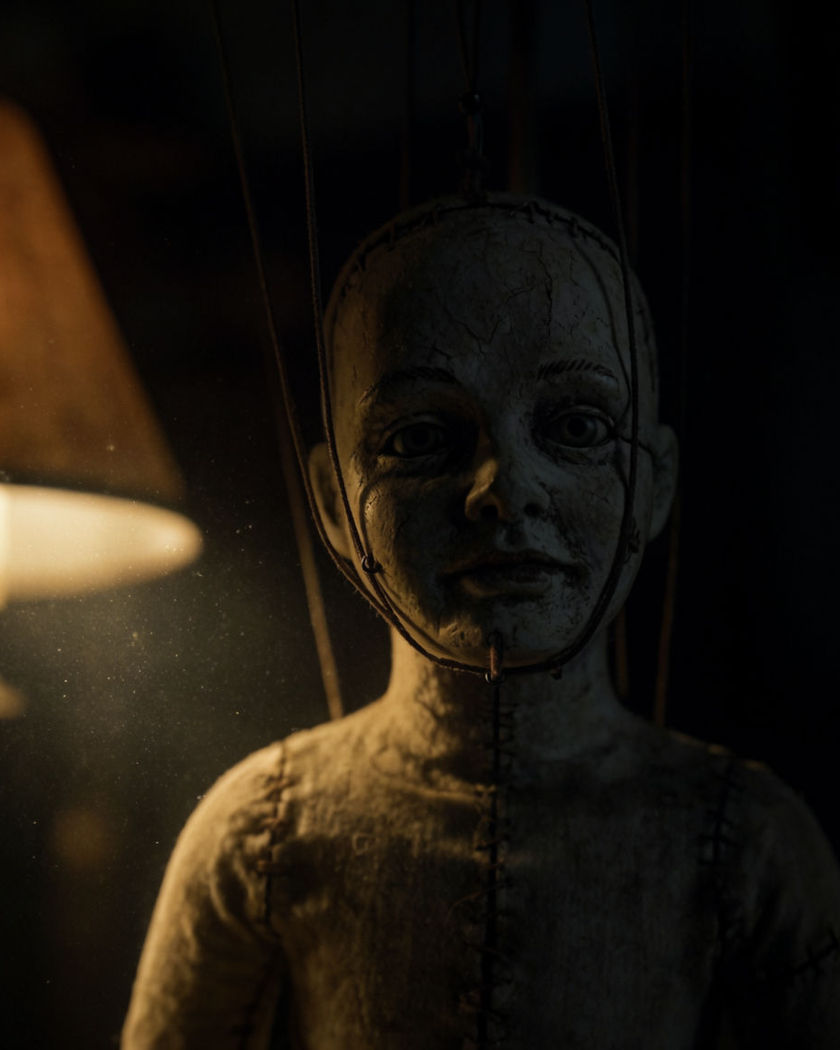 A stitched marionette with cracked porcelain skin and dark thread seams, strings pulling its head upright in a dim room