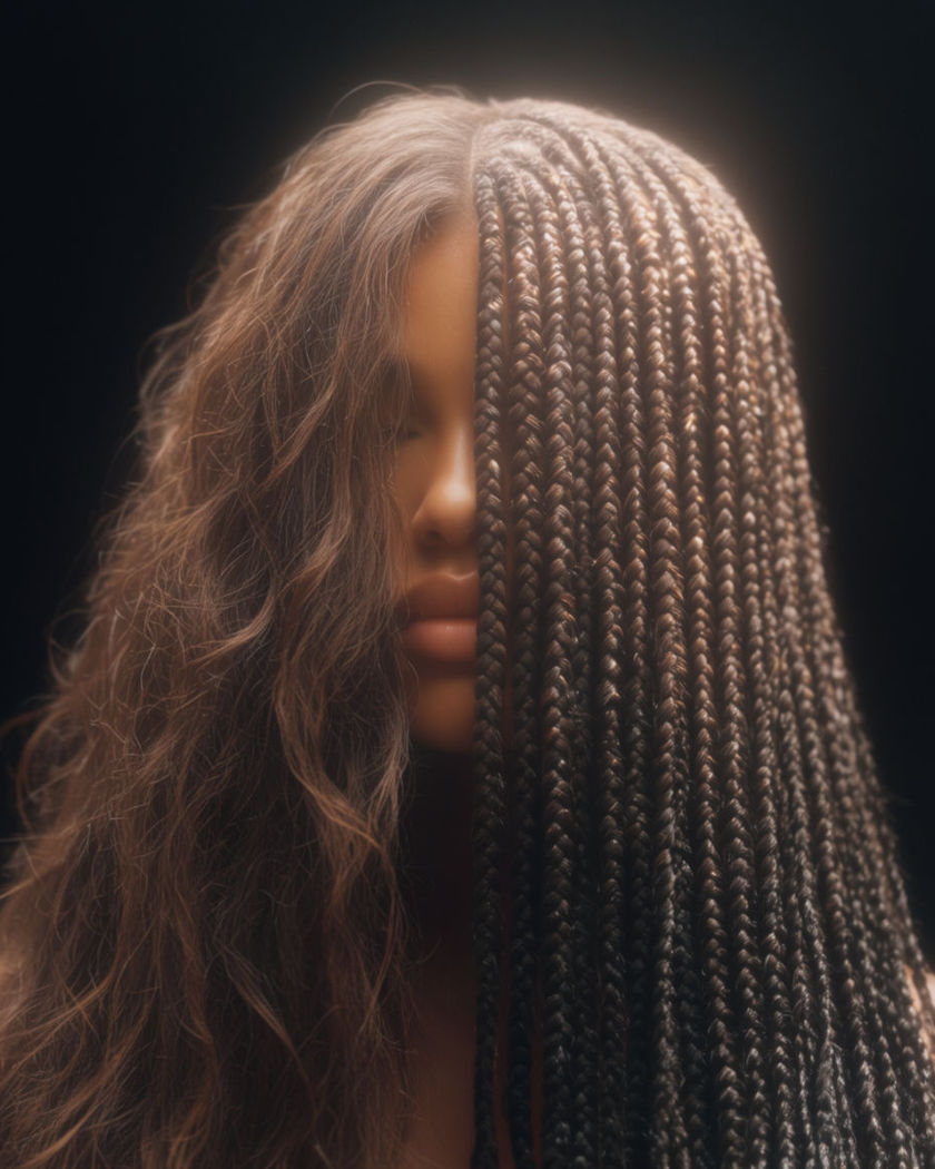 A portrait half loose hair and half long box braids parted in clean squares under soft studio light