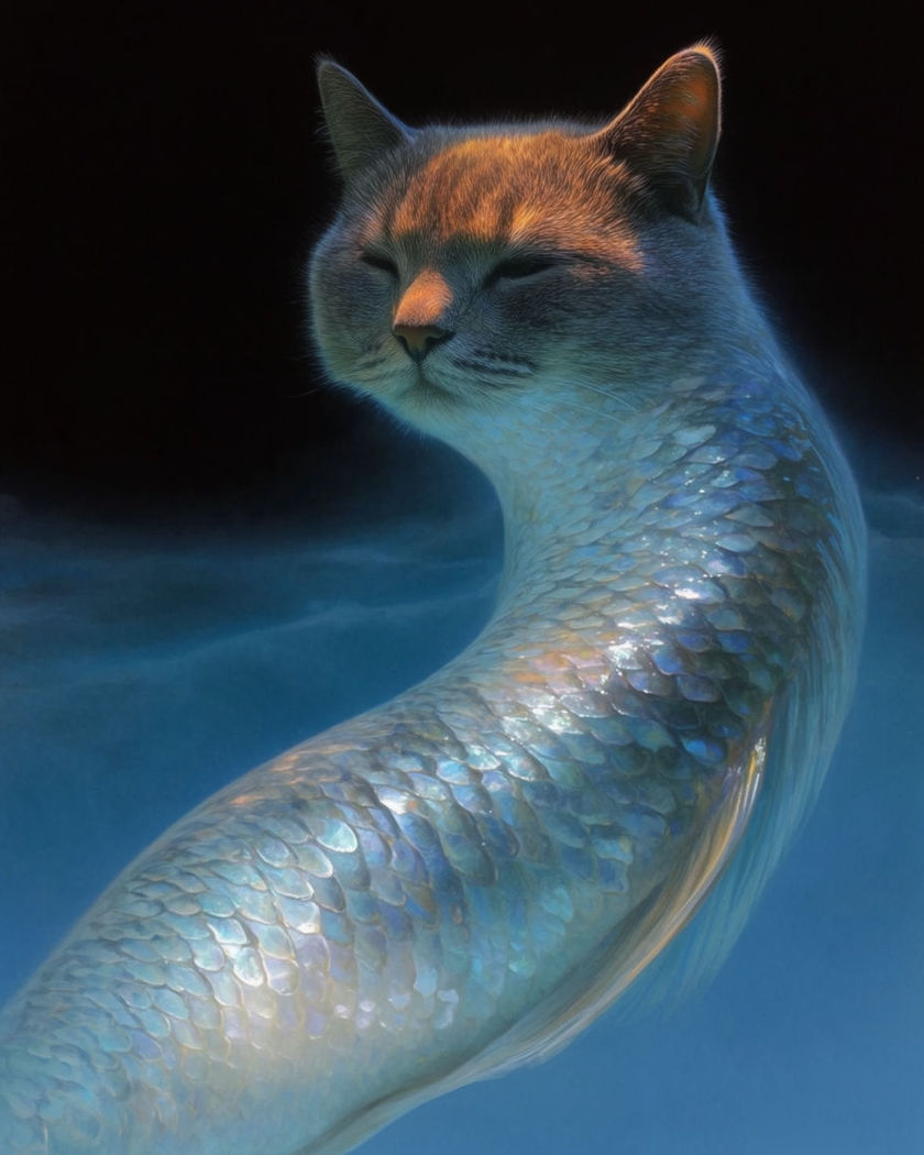 A cat with the face of a cat and the flowing scaled tail of a fish gliding through cool blue water