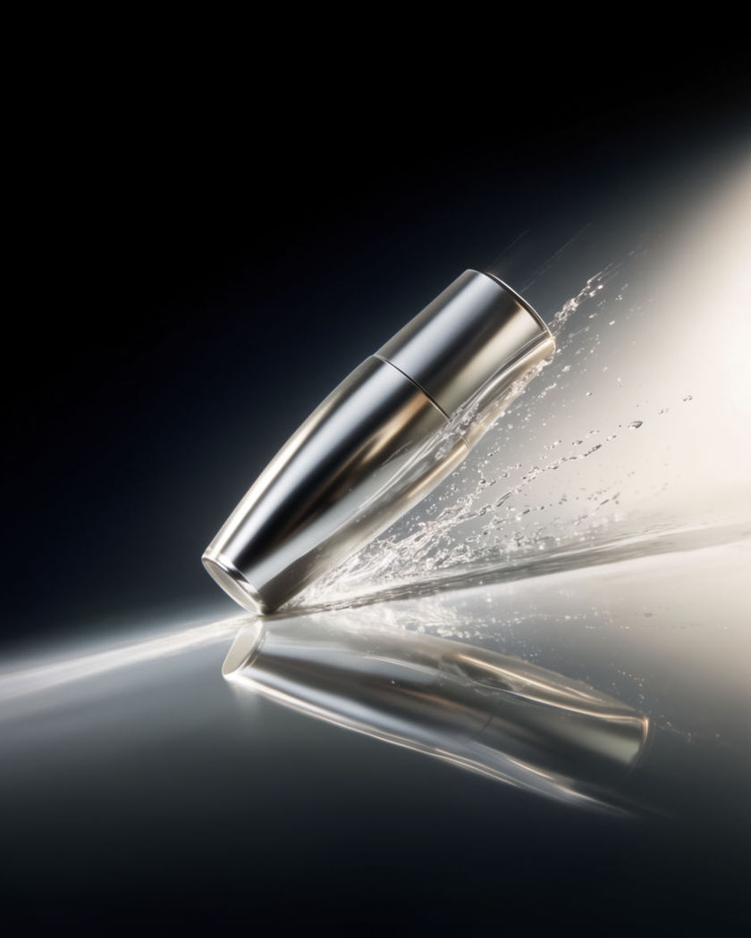 A product mid-slide across a glossy studio floor, the camera tracking alongside it as spray kicks up behind