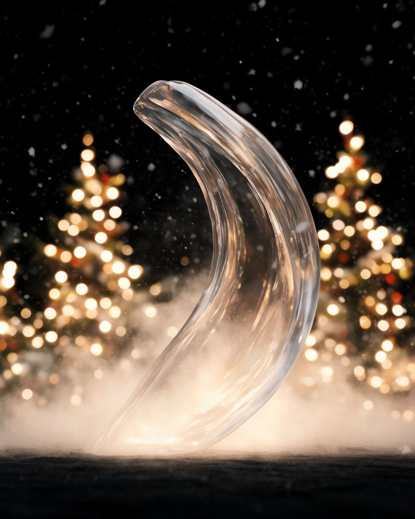 Warm string lights and drifting snow forming a soft glowing bokeh around a cosy festive scene on a dark ground