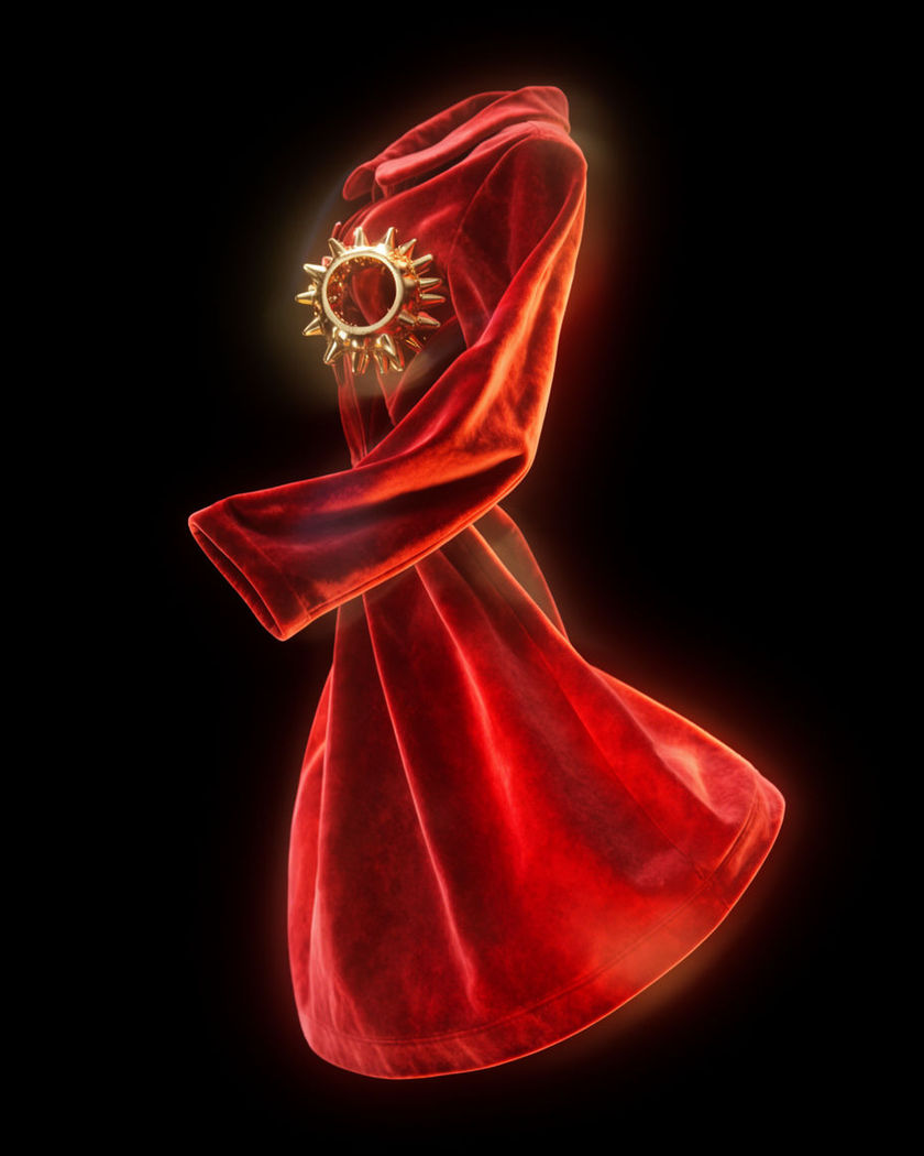 A festive red and gold holiday outfit catching warm light mid-transformation against a black ground