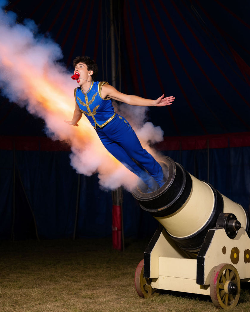 A performer mid-launch from a painted circus cannon, a burst of smoke trailing behind against a big top tent