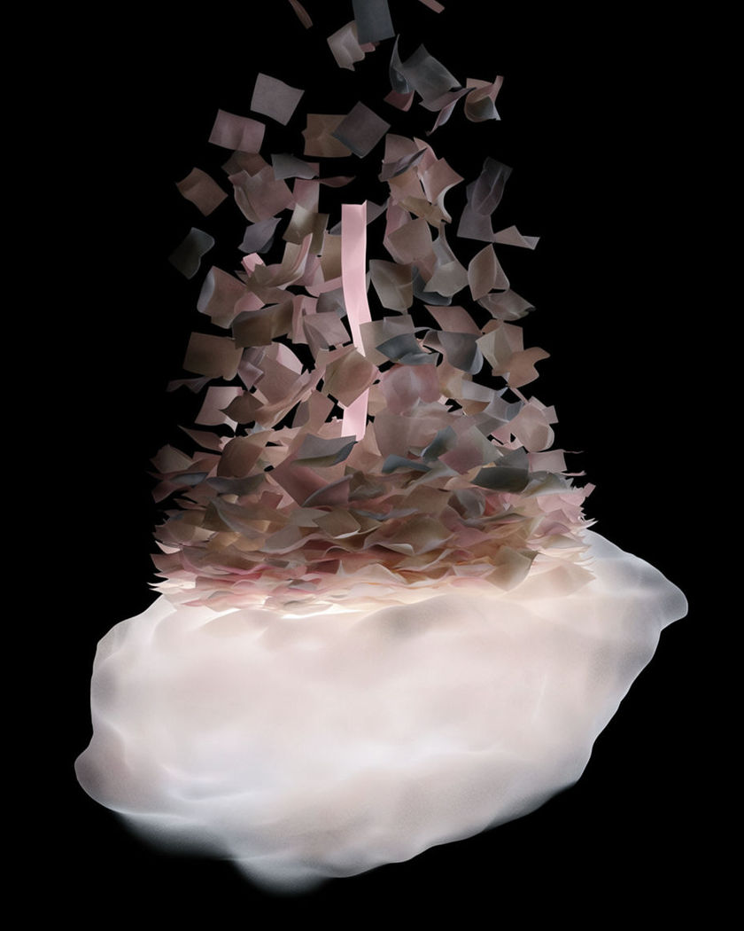 Dozens of small translucent sheets of muted light in soft rose on a black ground