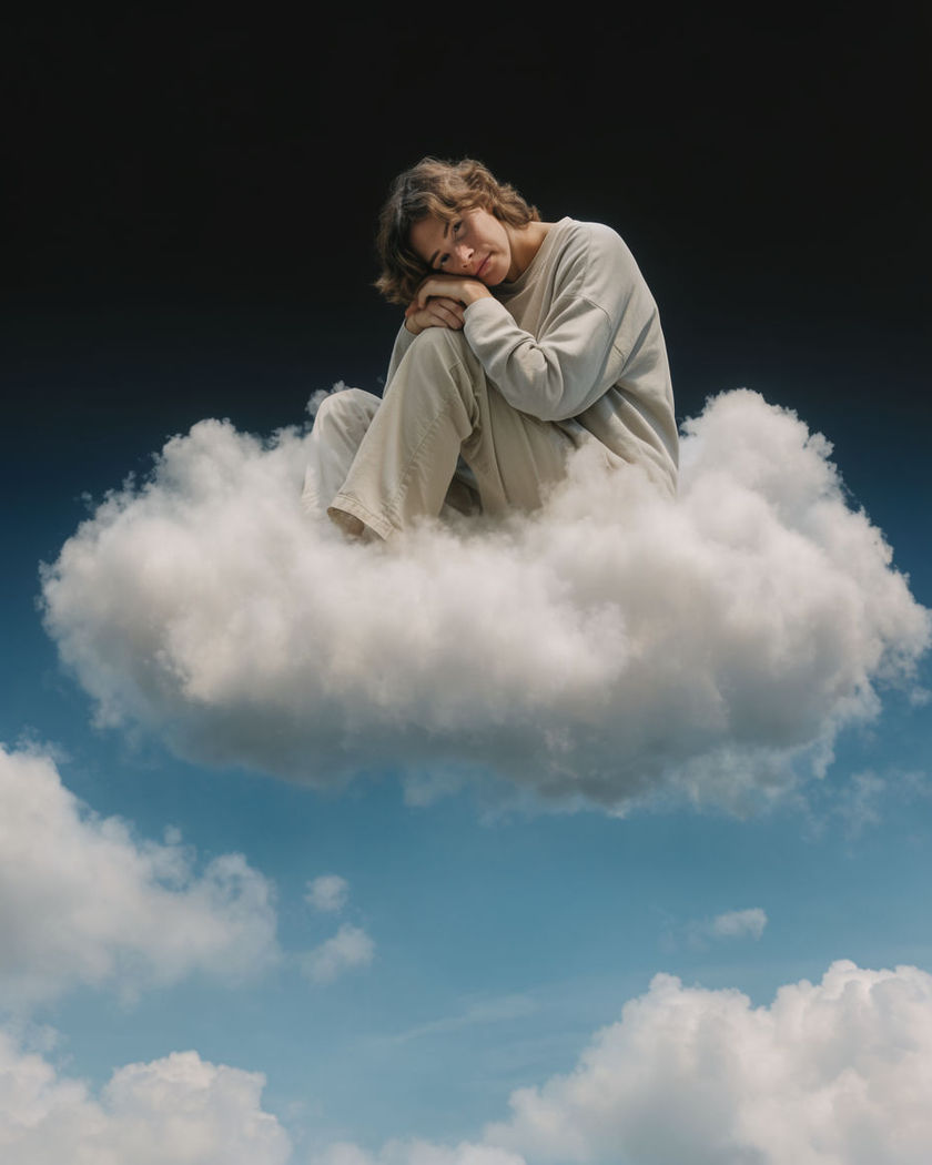 A person sitting on a soft cloud drifting across a bright blue sky
