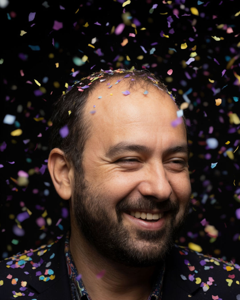 A joyful face surrounded by a fresh burst of colourful confetti drifting past in warm party light