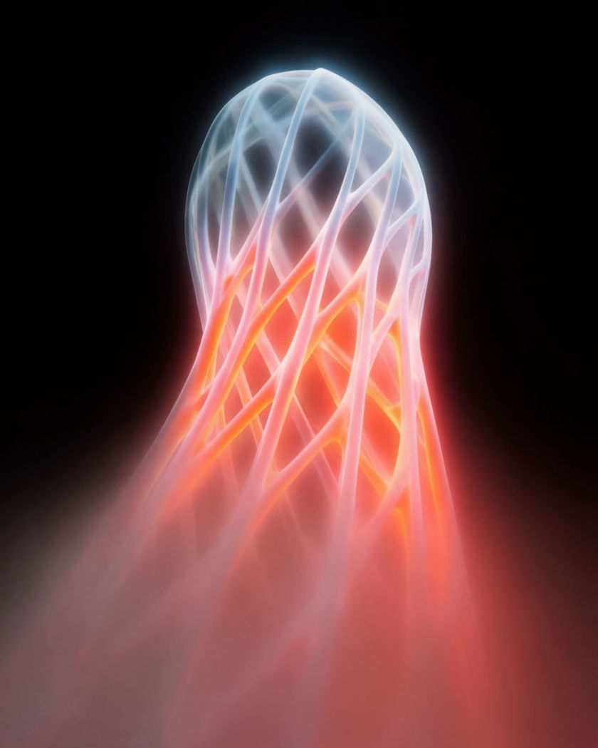 A skeletal structure of glowing beams rising and completing into a solid form against a pure black ground