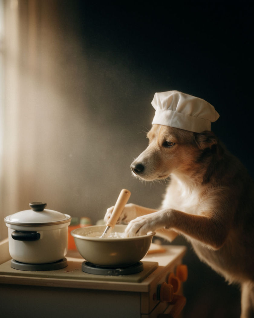 A dog in a small chef hat stirring a mixing bowl on a toy stove in a warm kitchen