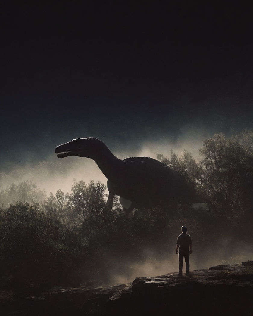 A massive dinosaur silhouette looming out of a dusty treeline as the ground trembles beneath a lone figure