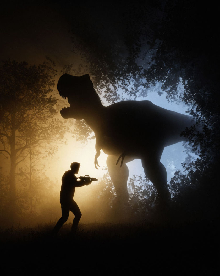 A person in an aiming stance as a large dinosaur bursts through jungle trees behind them