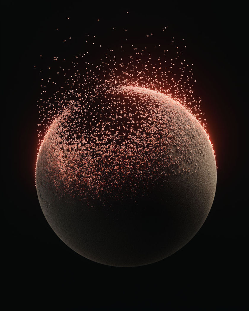 A dark matte sphere in black space with its surface lifting away as thousands of tiny on a black ground