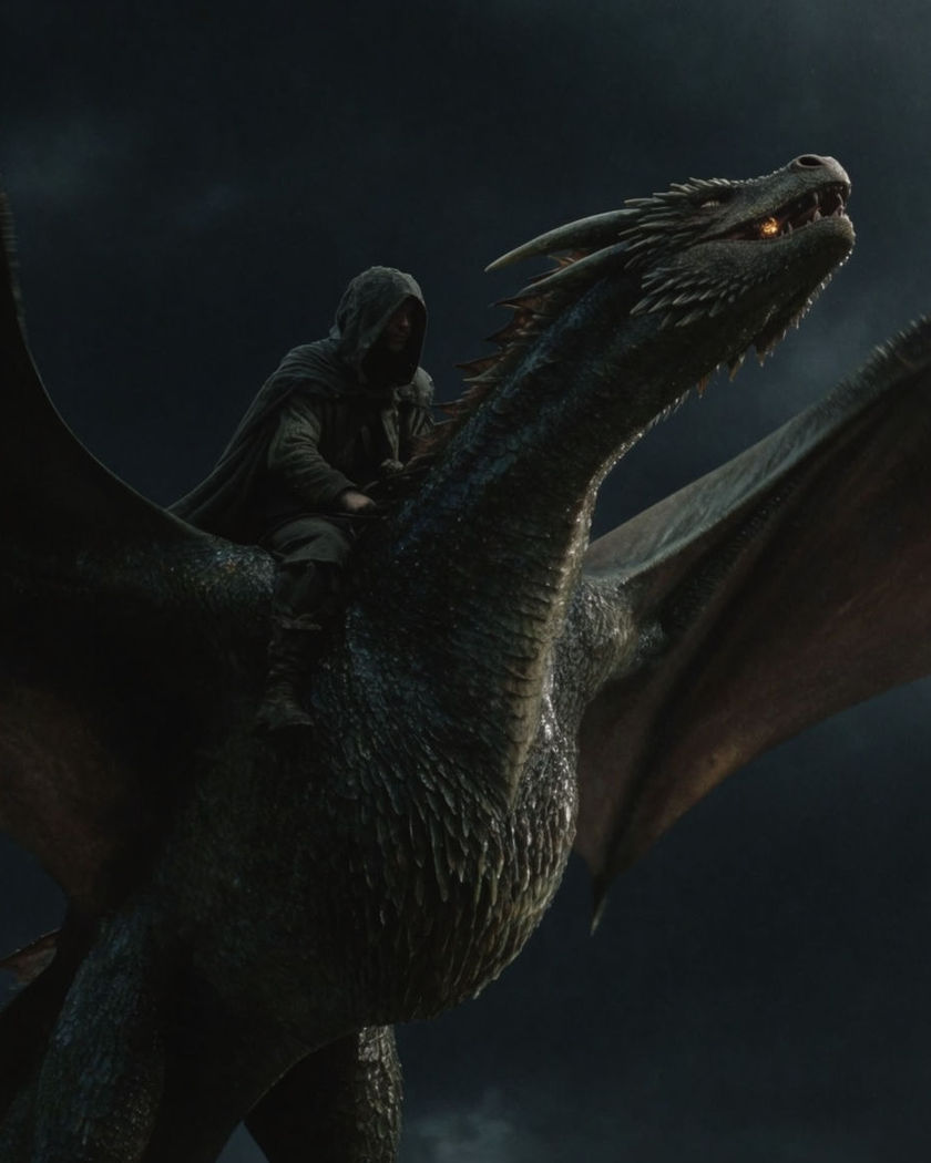 A rider seated on the shoulders of a huge scaled dragon mid-launch, wings spread wide against a stormy sky