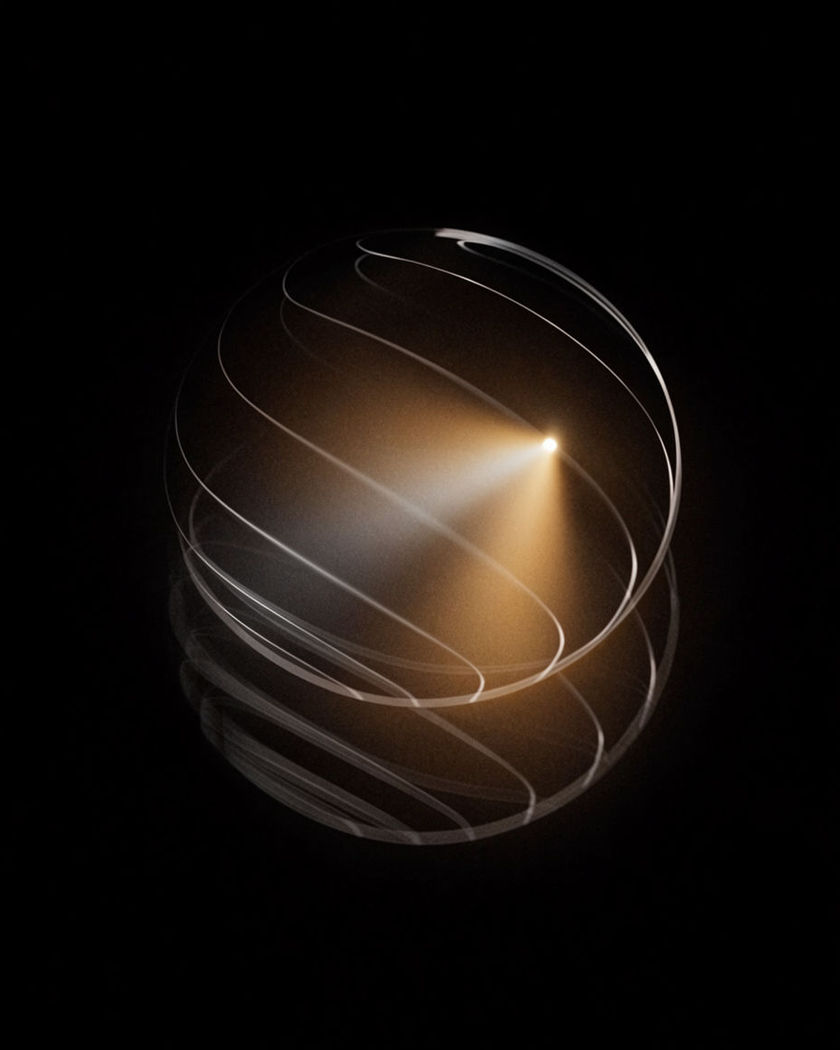 A glowing abstract globe rendered as thin luminous latitude lines on a black ground