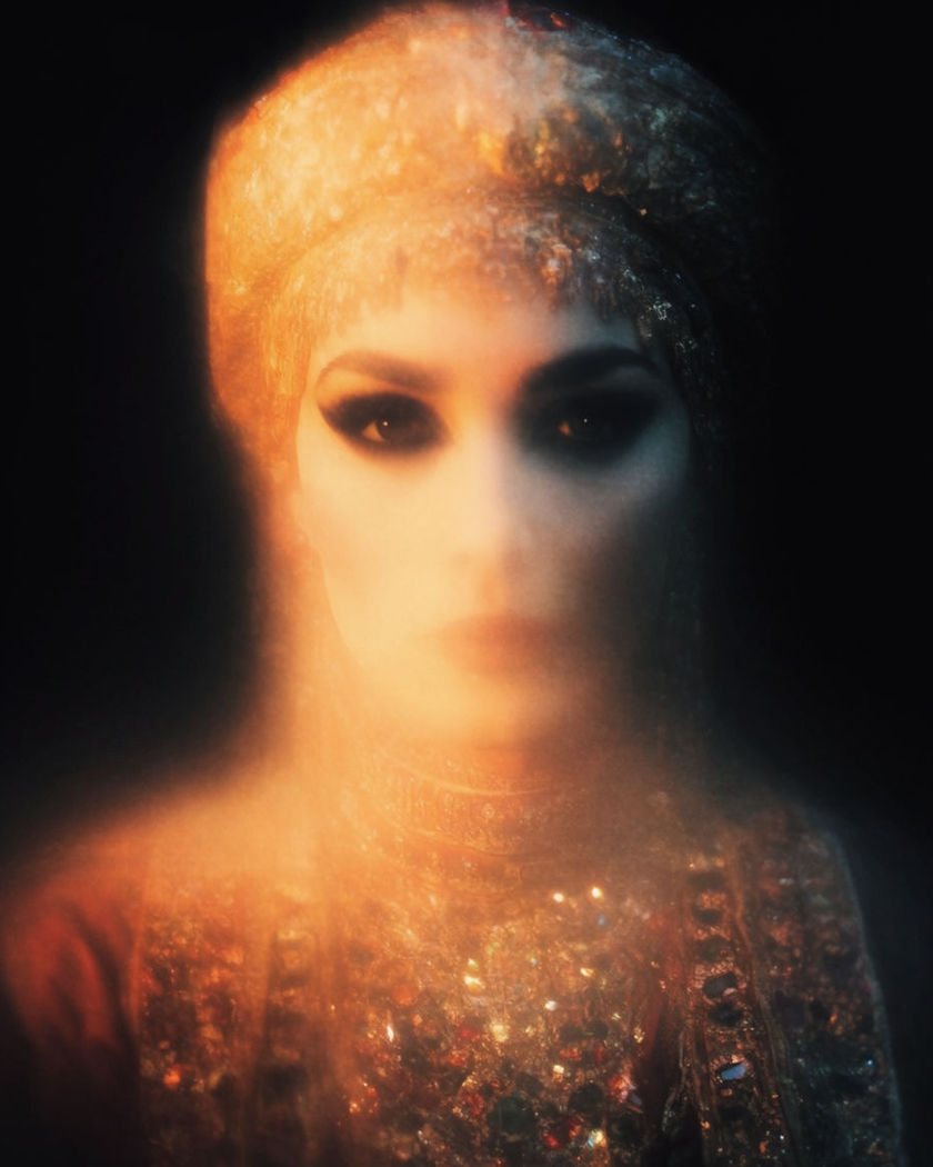 A regal face with kohl-lined eyes, a gold headdress and a jewelled collar catching warm torchlight against dark sandstone