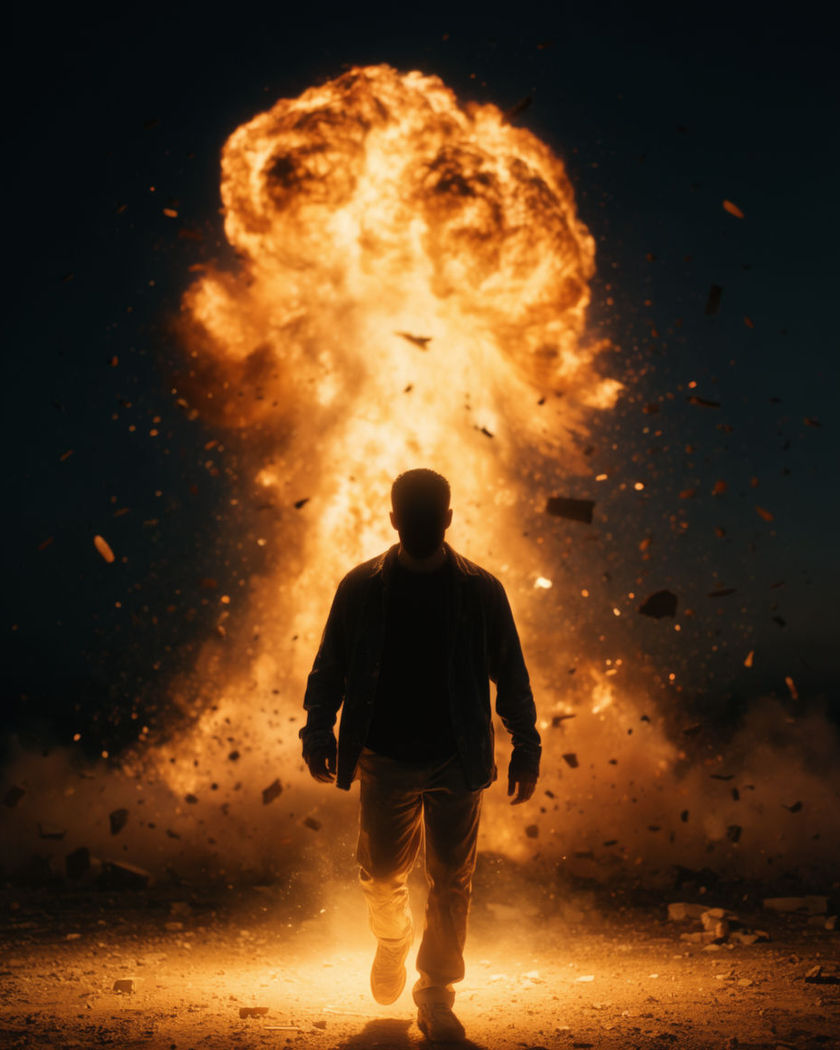 A figure walking steadily toward camera while a fireball erupts and debris scatters through the frame behind them