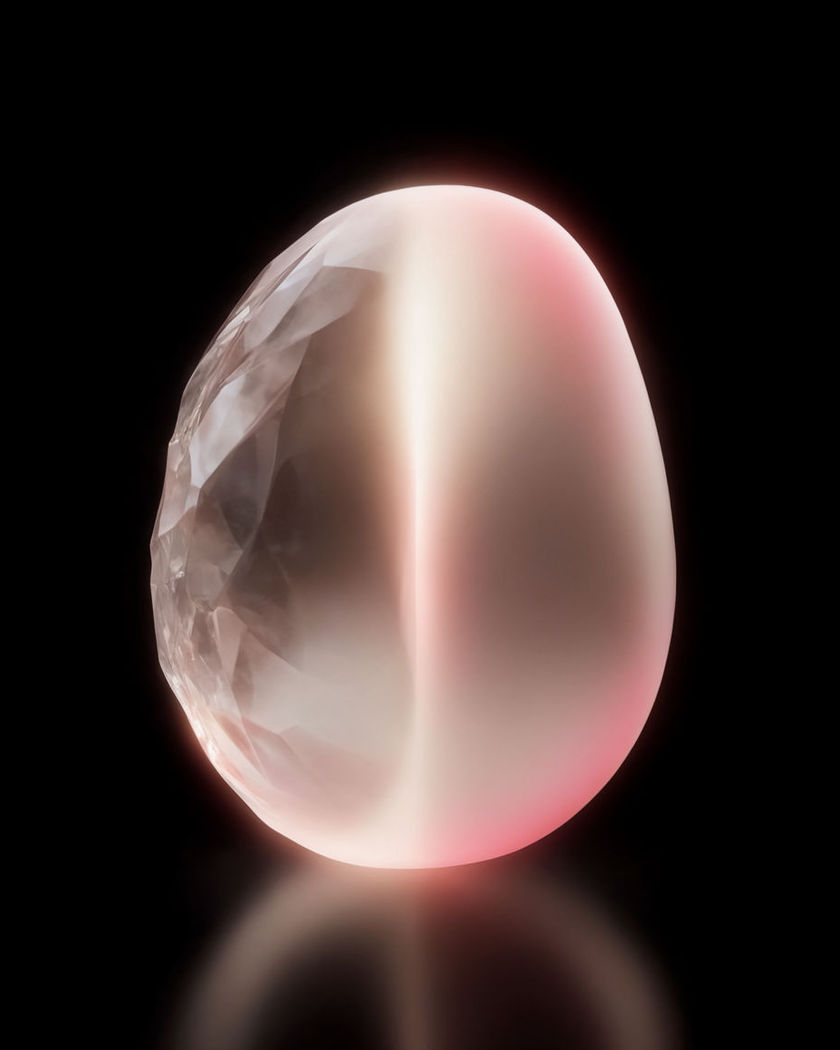 A single sculptural oval of translucent light, one half faceted like cut crystal and the other half soft and rounded, on a black ground
