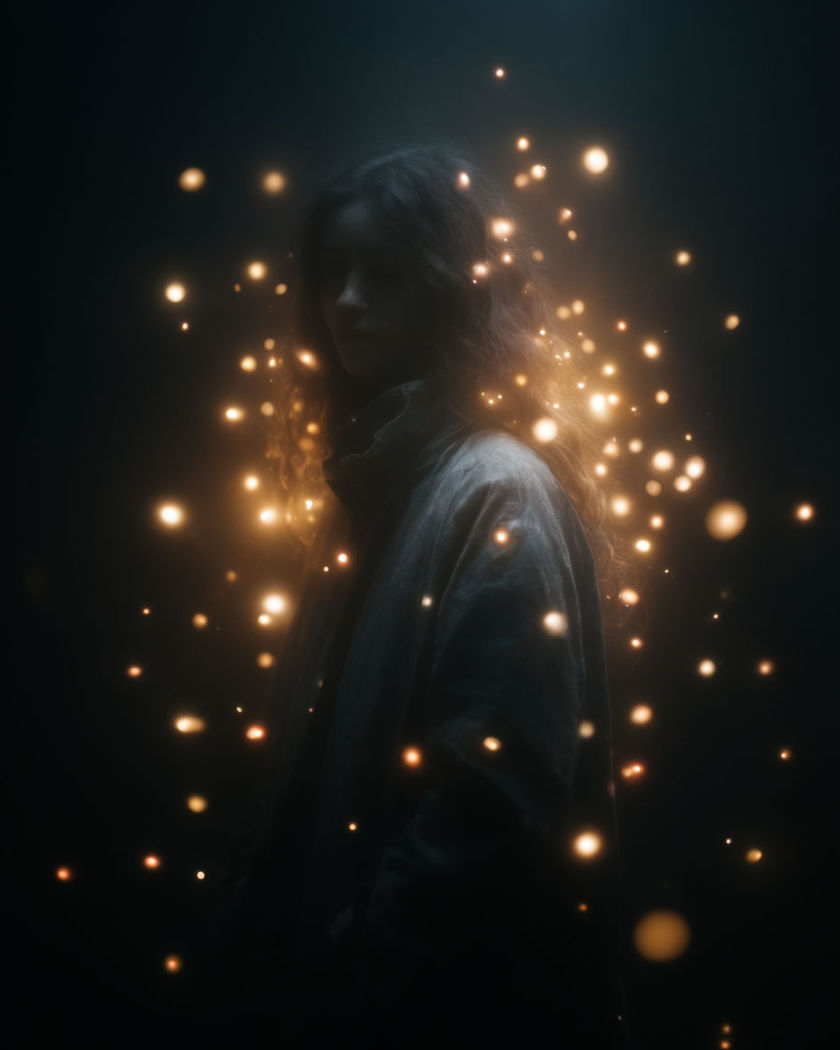 A softly lit figure surrounded by small warm glowing lights drifting through the air around their shoulders