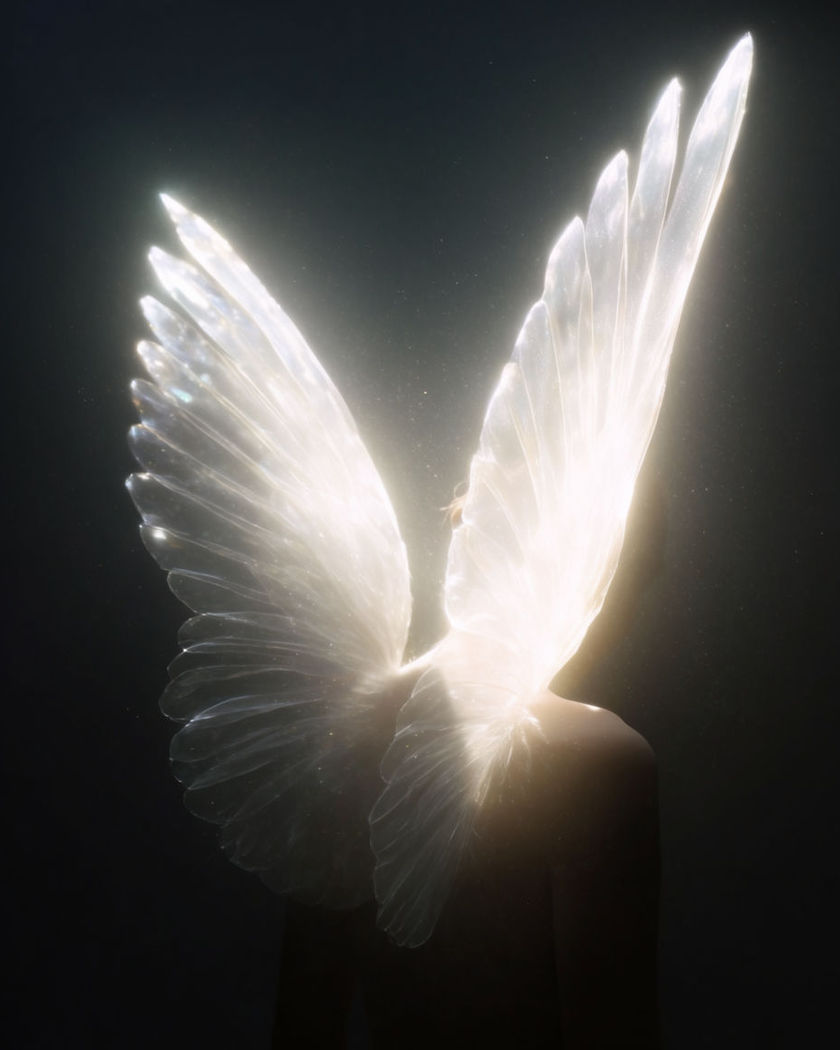 Translucent glowing wings blooming from the shoulder blades, fine light dust drifting through the air