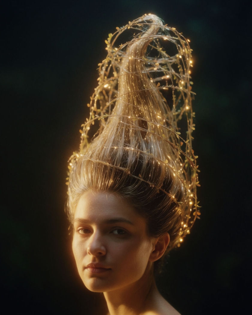Hair rising and sculpting upward into a tall fantasy tower shape woven with vines and small glowing lights