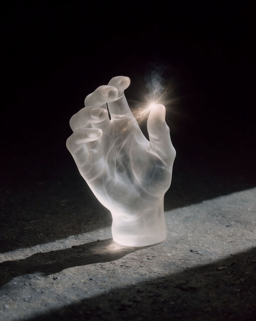 A hand caught mid finger snap with a bright spark leaping from the fingertips against a dark ground