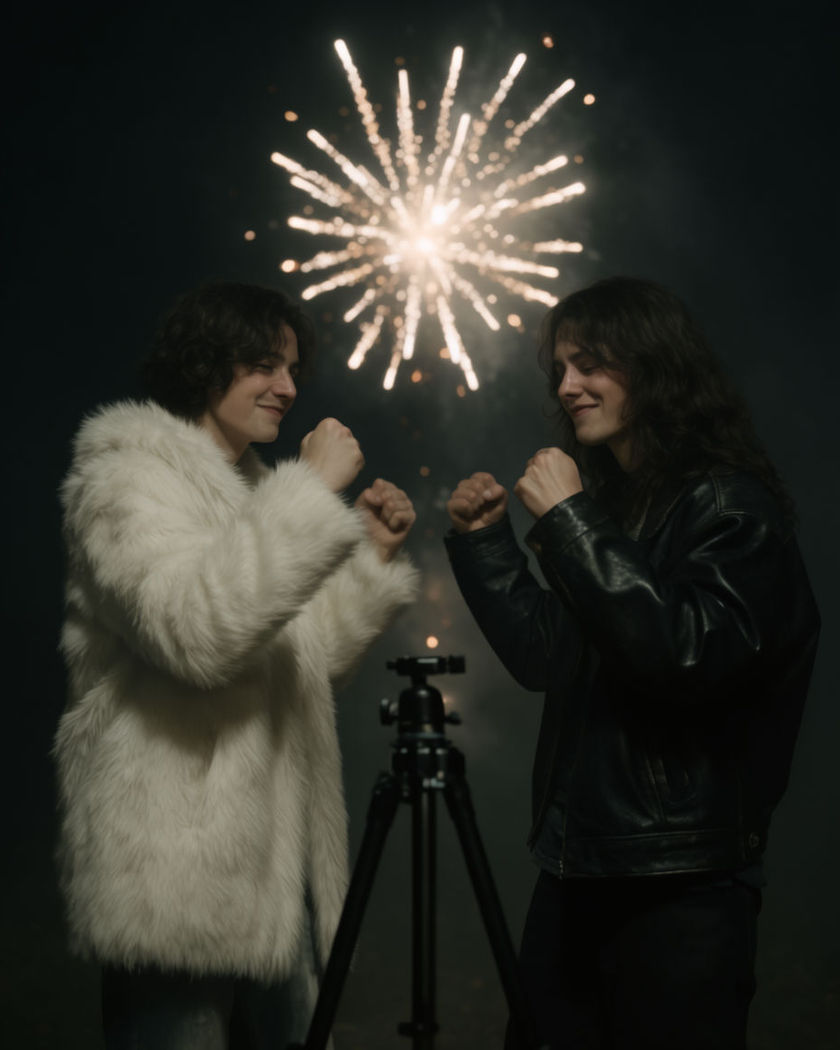 Two figures snapping into a celebratory pose as a bright firework bursts behind them against a night sky
