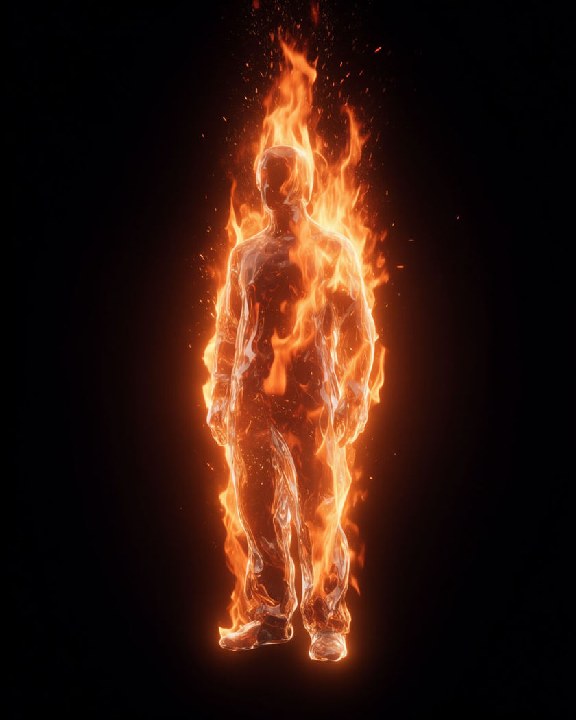 A standing figure wreathed in rising orange flame against a black ground, embers streaming upward from the body