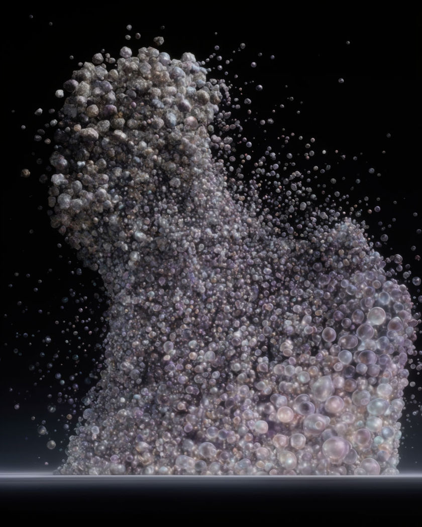 A field of small luminous objects suspended at different depths in black haze on a black ground