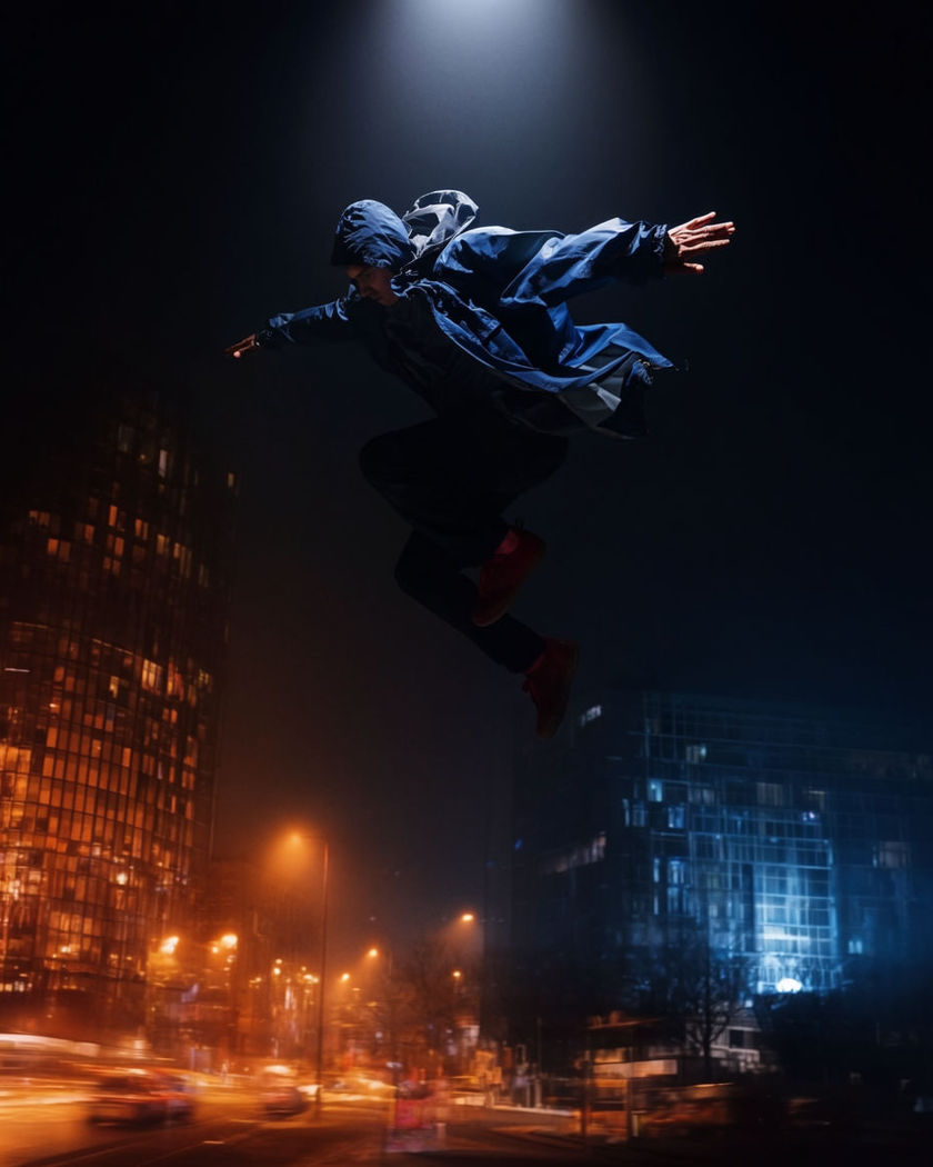 A figure mid-launch above a city street, clothing snapping in the wind as glass towers rise behind them