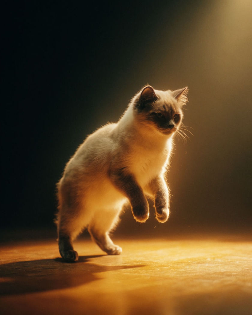 A small pet hovering gently above a stage floor under a warm spotlight, front paws relaxed mid-air
