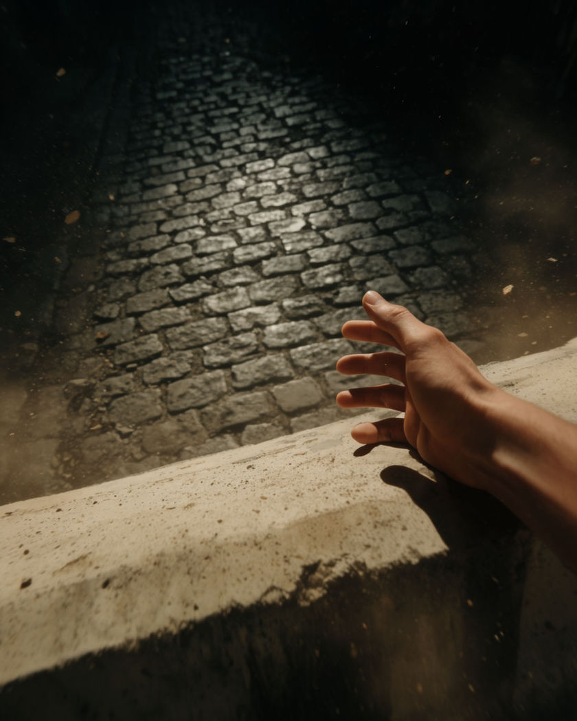 A first-person point of view mid-vault over a ledge with the alley beyond rushing into focus