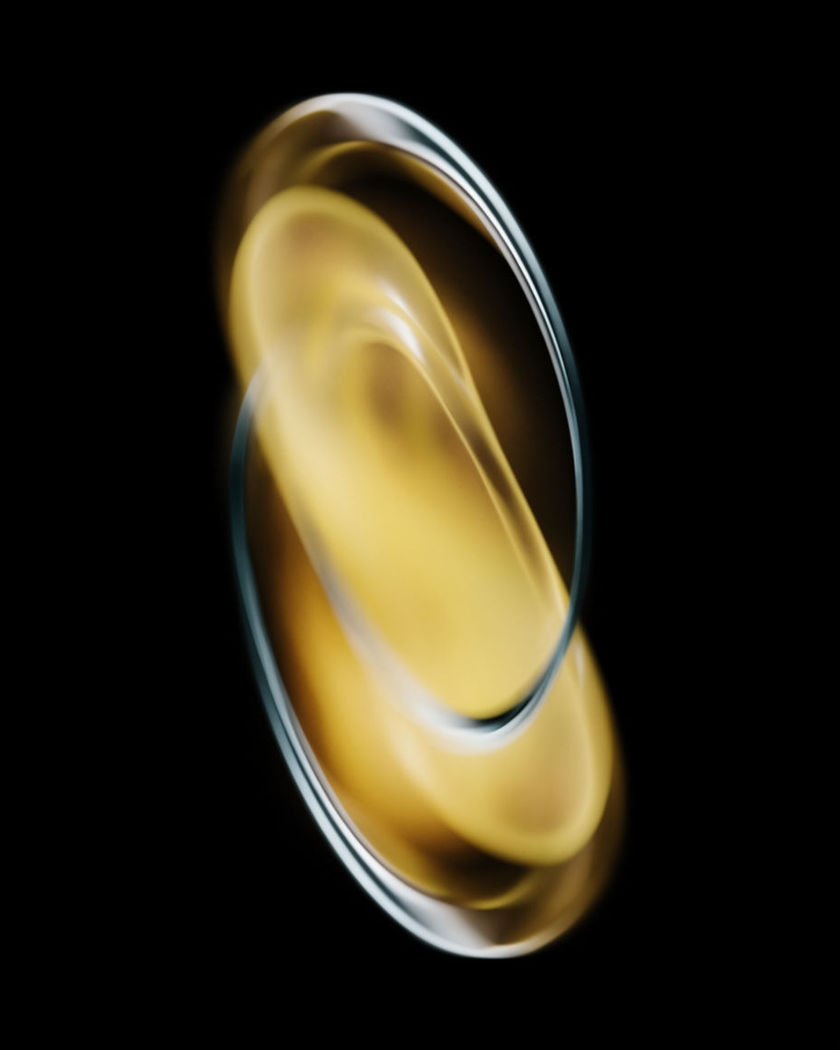 A luminous line spiralling around a still central form of soft light on a black ground