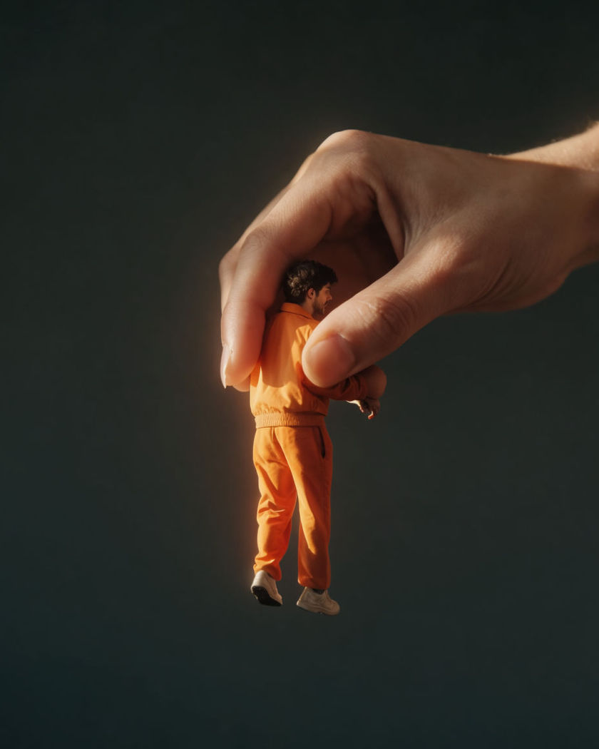 An oversized hand closing around a tiny figure and lifting them off the ground against a soft dark background