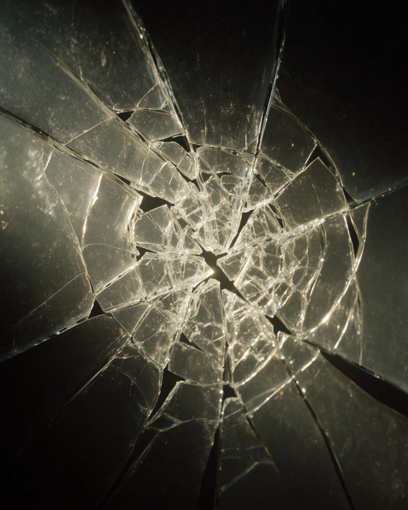 A pane of glass frozen mid-shatter, hairline cracks spreading outward and shards catching the light