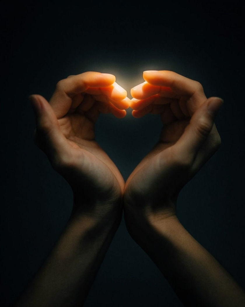 Two hands meeting to complete a glowing heart shape, warm light blooming softly at the join