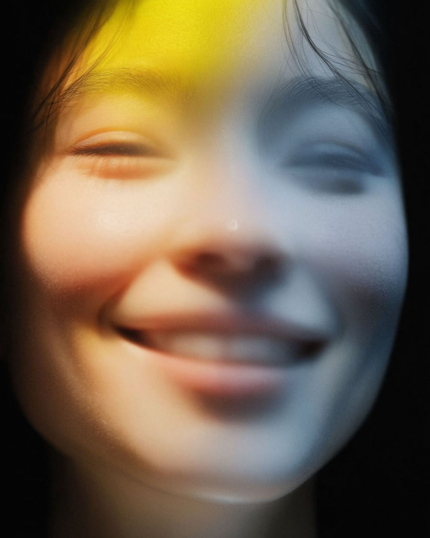 A soft close portrait of a face mid-smile, warm light on one cheek, against a pure black ground