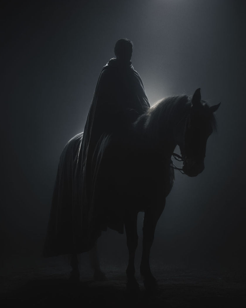 A cloaked rider and a horse merging into one towering mythic horseman silhouette in misty fog