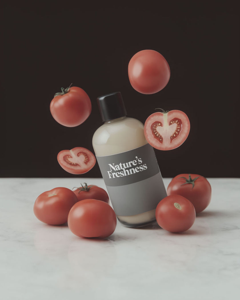 Fresh ingredients tumbling and settling around a product bottle on a clean marble surface