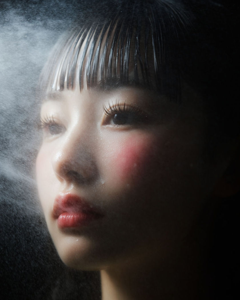 A fine mist clearing from a hairline to reveal freshly styled bangs in a softly lit mirror shot