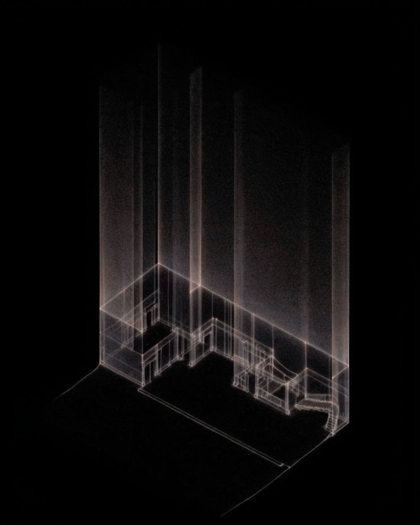 Faint glowing lines drawn on a flat black plane rising upward into thin translucent walls on a black ground