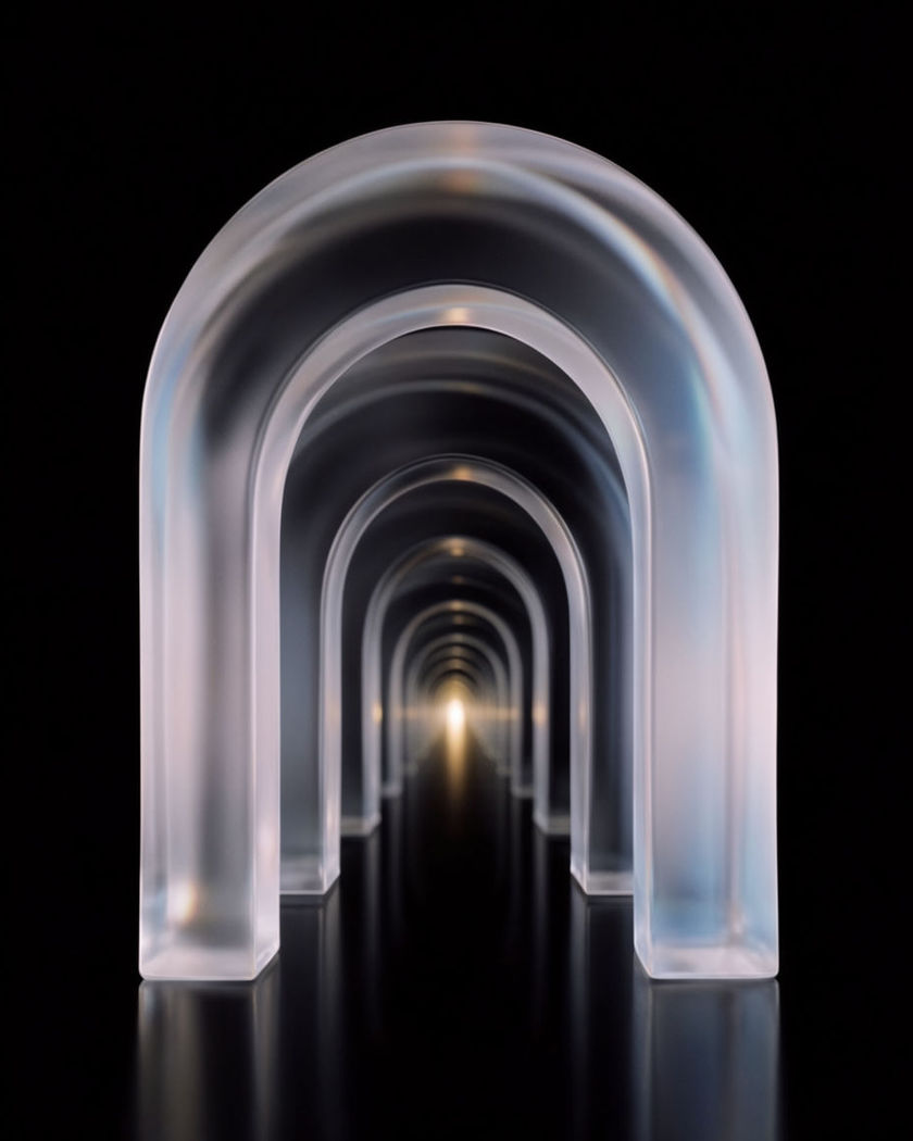 A row of crisp pale arches in perspective leading into black on a black ground