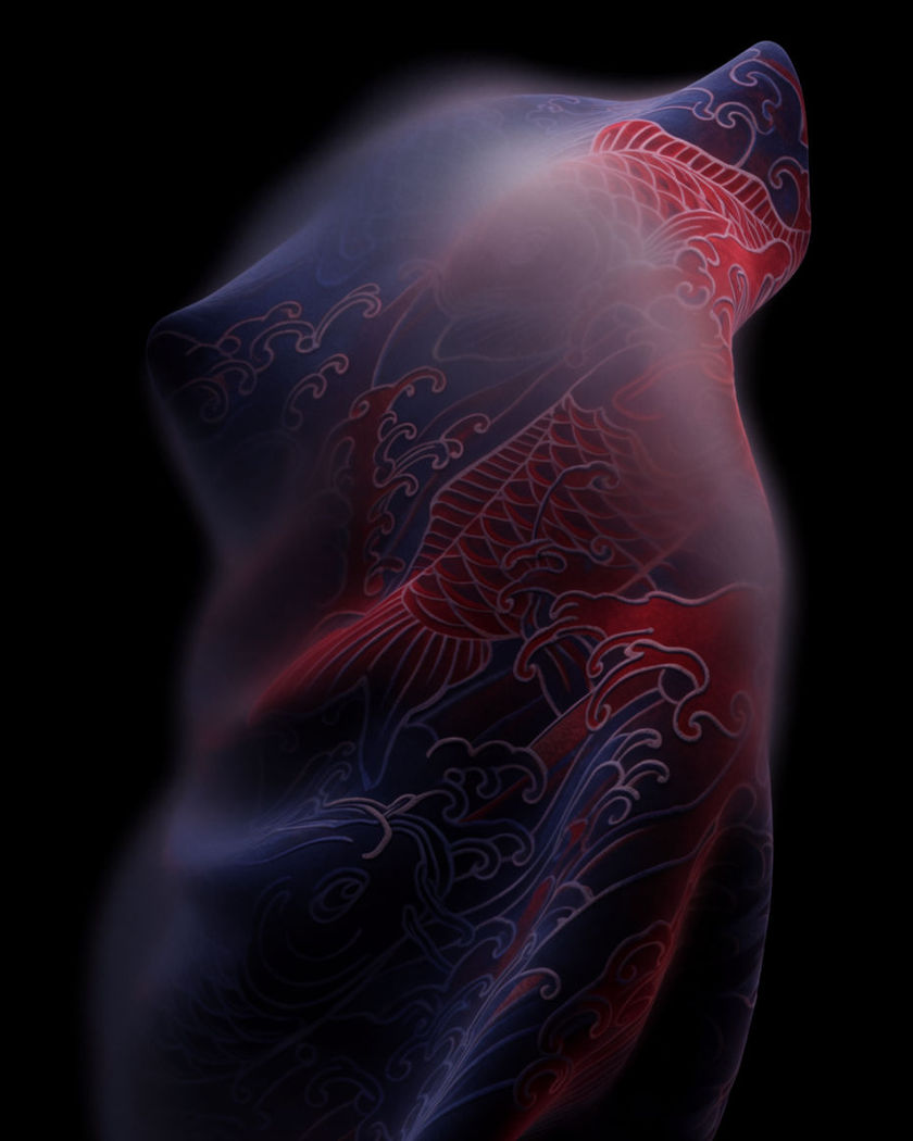 Flowing ink lines of a wave-and-koi tattoo pattern blooming across a dark form, deep indigo and crimson on a pure black ground