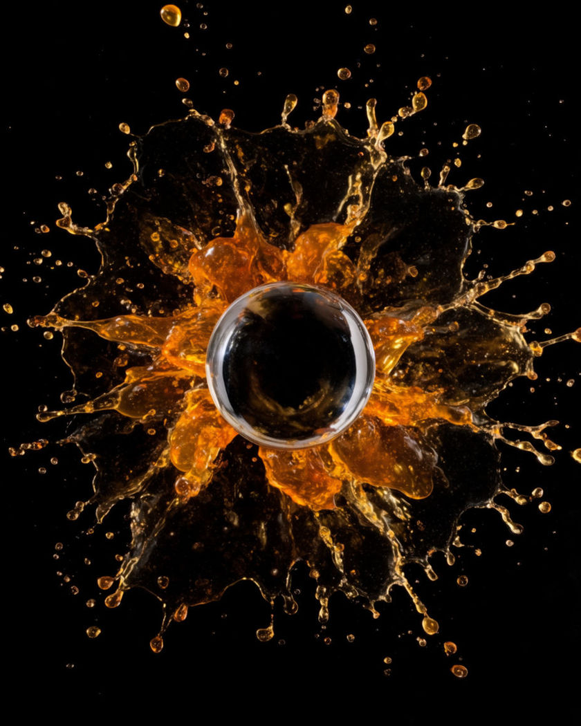 A single clear glass sphere held sharp and still in the centre on a black ground