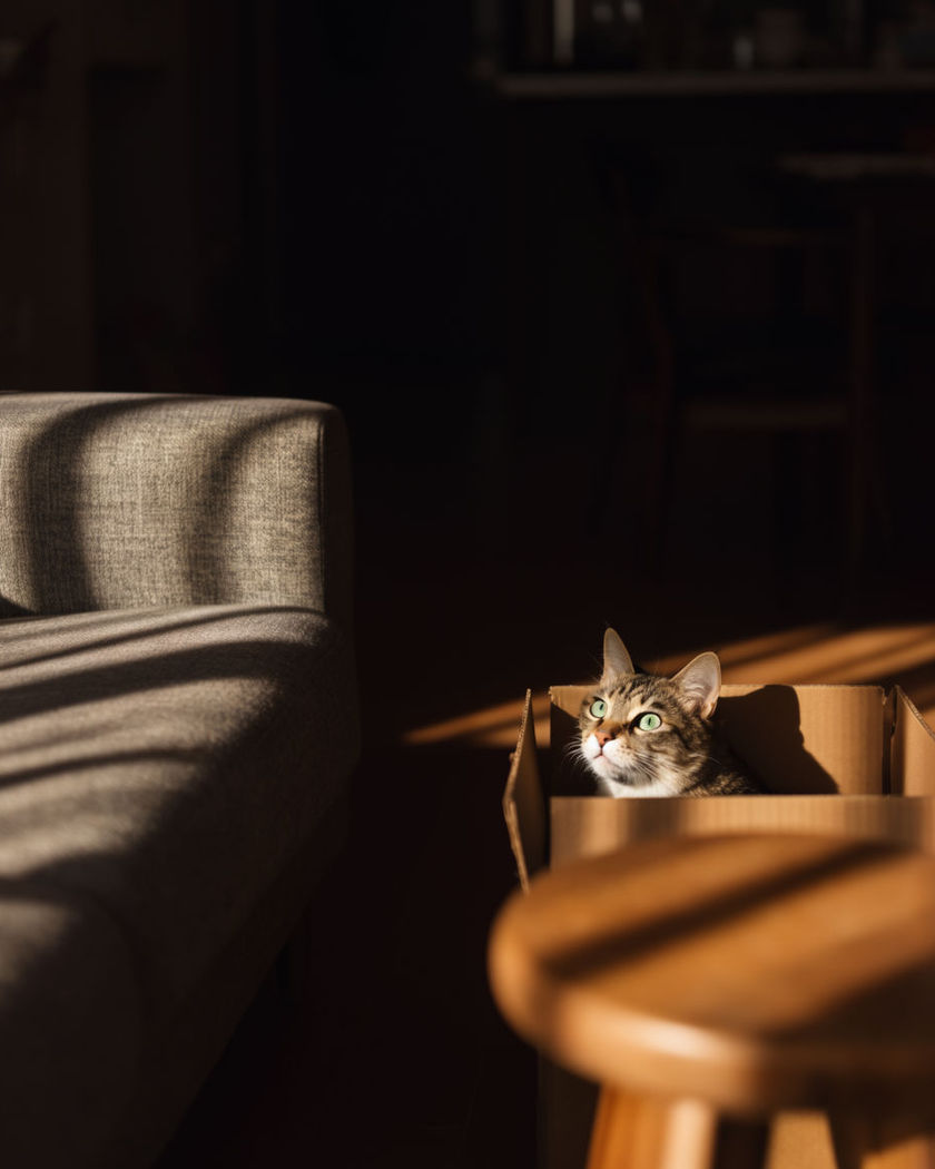 A cat peeking playfully from behind a cardboard box in a warmly lit living room